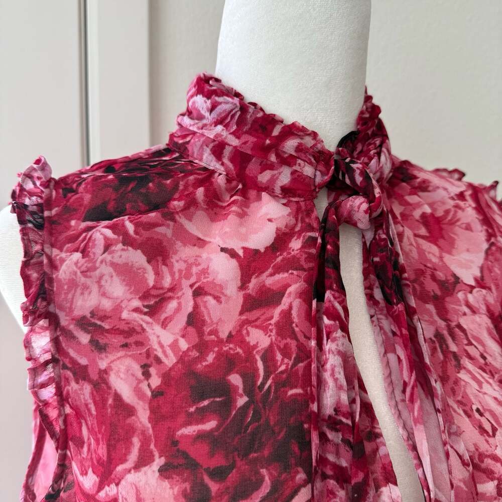 White House Black Market Floral Sleeveless Ruffle Mock Neck Tie Blouse Size M - Picture 4 of 4